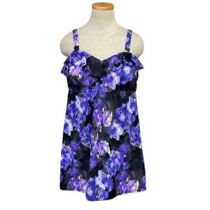 D & Co. Swimsuit Swimdress Womens 14 Purple Black Floral Skirted One-Piece Swim